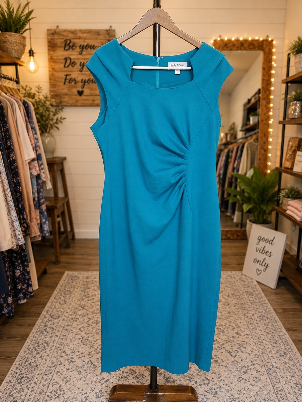 Shelby & Palmer Teal Ruched Midi Sheath Dress Sz 16